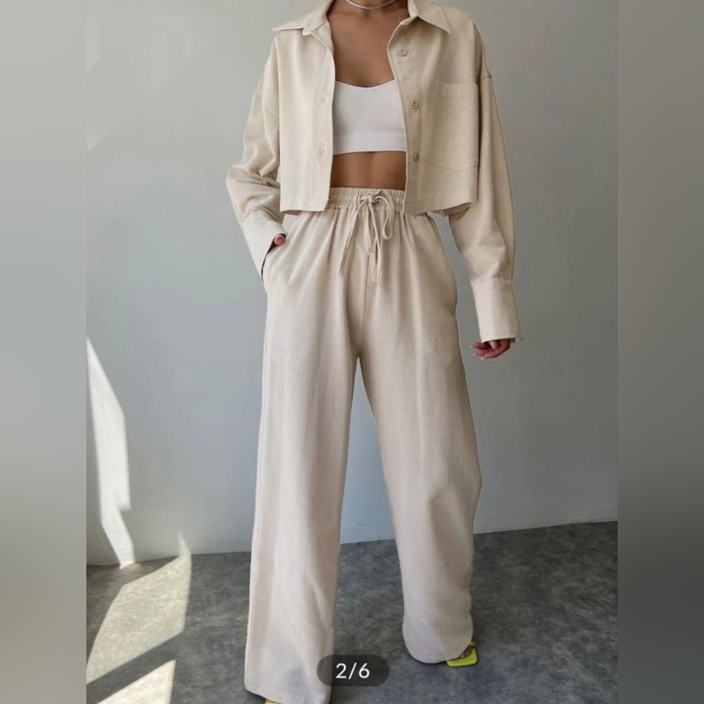 NWT Commense Beige 2 Piece Crop Top And Drawstring Wide Leg Pants (Size: L)